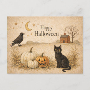 Primitive Black Cat Folk Art Halloween Holiday Postcard