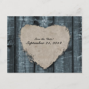 Primitive Blue Wood and Heart Save the Date Announcement Postcard