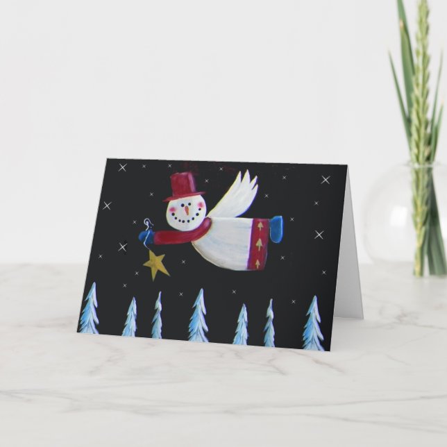Primitive Christmas Snowman Angel Holiday Card (Front)