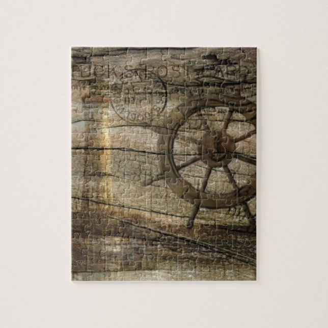 Primitive Coastal Nautical Helm Wheel lighthouse Jigsaw Puzzle (Vertical)