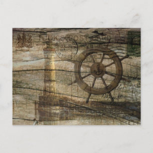 Primitive Coastal Nautical Helm Wheel lighthouse Postcard
