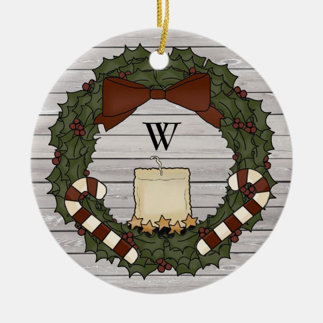 Primitive Country Farmhouse Holly Monogram Wreath Ceramic Tree Decoration (Front)