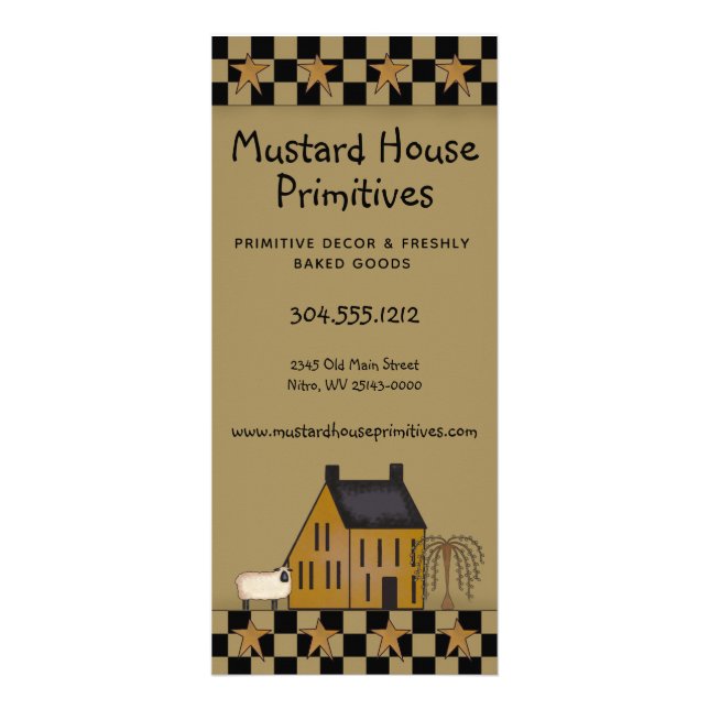 Primitive Country Mustard Saltbox House & Stars  R Rack Card (Front)