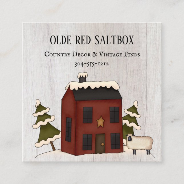 Primitive Country Rustic Red Winter Saltbox Sheep Square Business Card (Front)