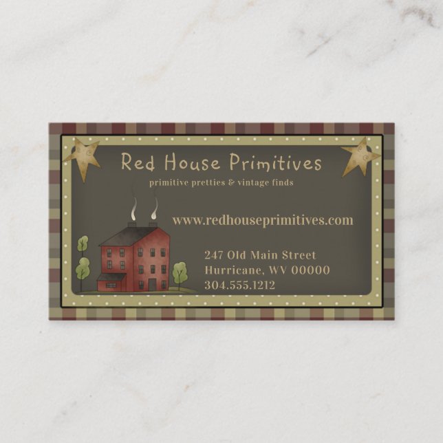 Primitive Country Rustic Saltbox and Stars Business Card (Front)