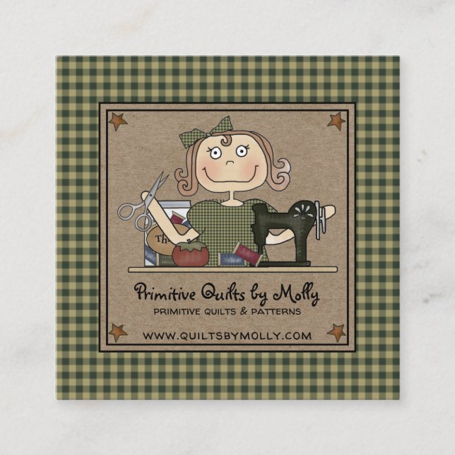 Primitive Country Rustic Sewing Quilting Crafting Square Business Card (Front)