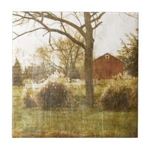 Primitive Country Tree Farm Red Cabin in the woods Tile