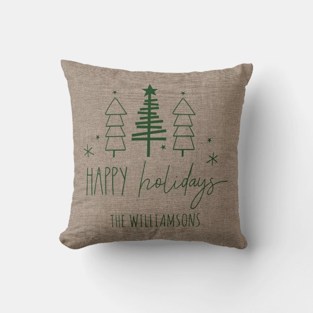 Primitive Country Trees Happy Holidays Family Name Cushion (Front)
