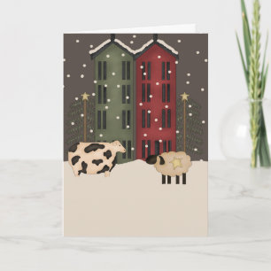 Primitive Cow & Sheep Christmas Card
