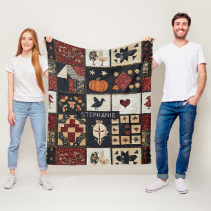 Primitive Farmhouse Appliqué & Geometric Fleece Blanket