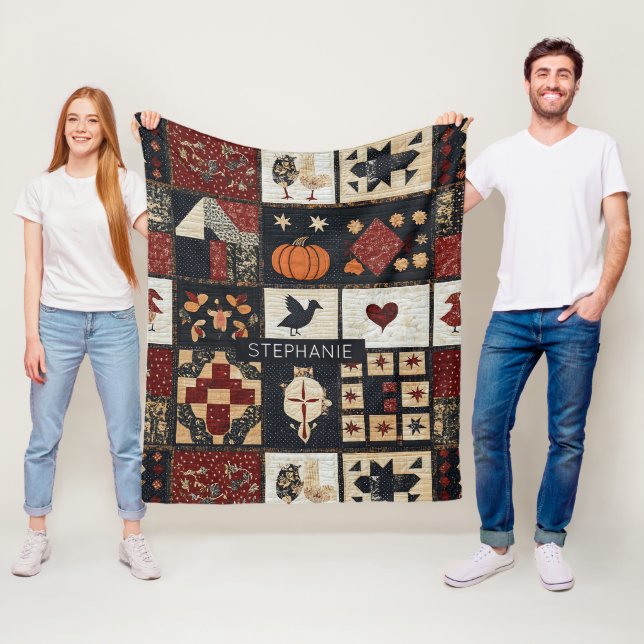 Primitive Farmhouse Appliqué & Geometric Fleece Blanket (In Situ)