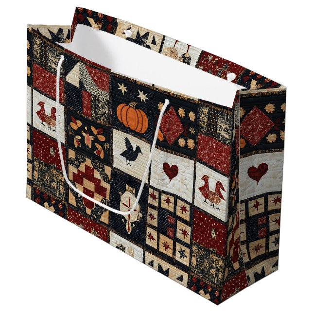 Primitive Farmhouse Appliqué & Geometric Large Gift Bag (Front Angled)