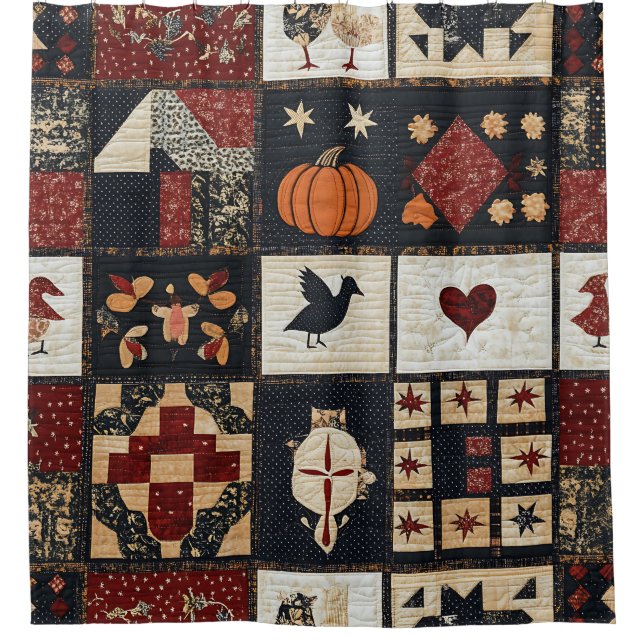 Primitive Farmhouse Appliqué & Geometric Shower Curtain (Front)