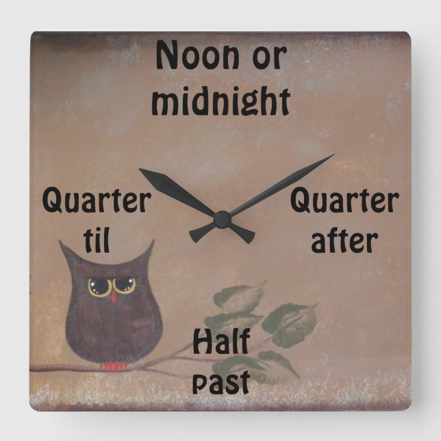 Primitive Folk Art Owl Acrylic Painting Square Wall Clock (Front)