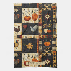 Primitive Folk Art Quilt Pattern   Rustic Autumn Tea Towel