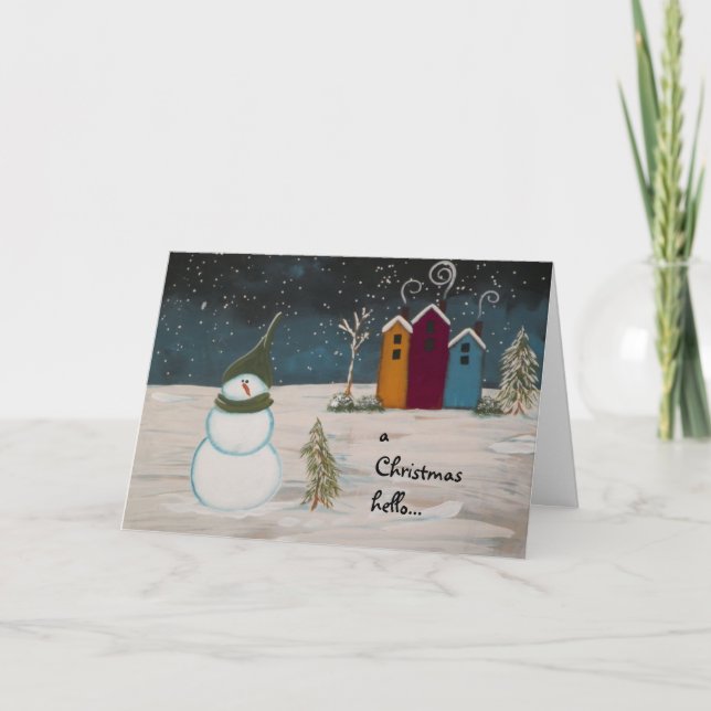 Primitive Folk Art Snowman and Colourful Houses Holiday Card (Front)