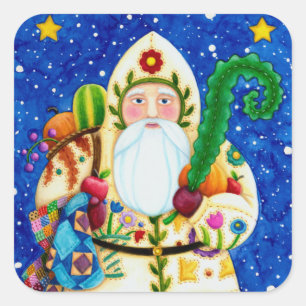 PRIMITIVE FOLKART BALTIMORE QUILT FATHER CHRISTMAS SQUARE STICKER