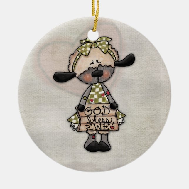 Primitive Lamb-God Bless Ewe Ceramic Tree Decoration (Front)