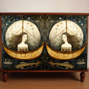 Primitive Mermaid In A Boat Painting Decoupage Tissue Paper