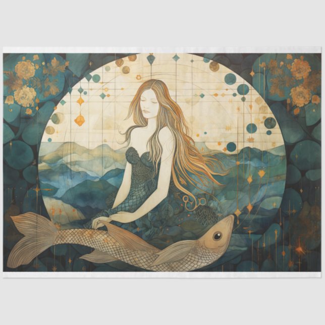 Primitive Mermaid With Fish Ocean Decoupage    Tissue Paper (Front)