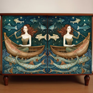 Primitive Mermaid With Fish Painting Decoupage Tissue Paper