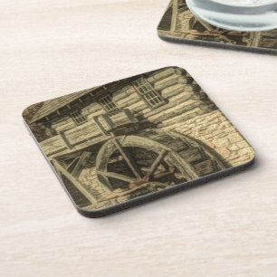 Primitive old farmhouse flour mill water wheel coaster