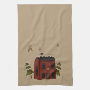 Primitive Red Colonial in the Snow Tea Towel