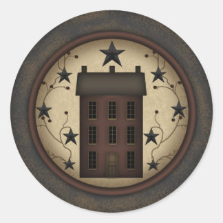 Primitive Red Saltbox House round sticker