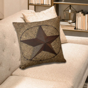 Primitive rustic burlap western country texas star cushion