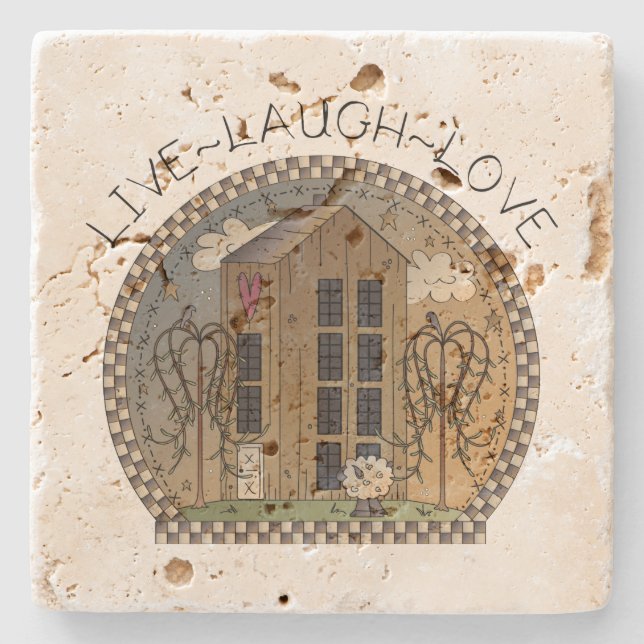 Primitive Rustic House Trees Live Laugh Love Stone Coaster (Front)