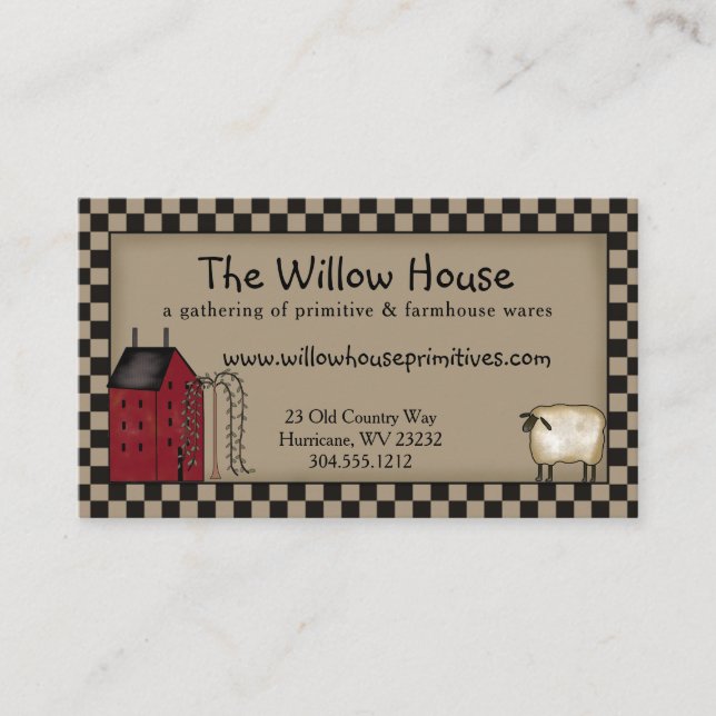 Primitive Saltbox House and Willow Tree Editable  Business Card (Front)