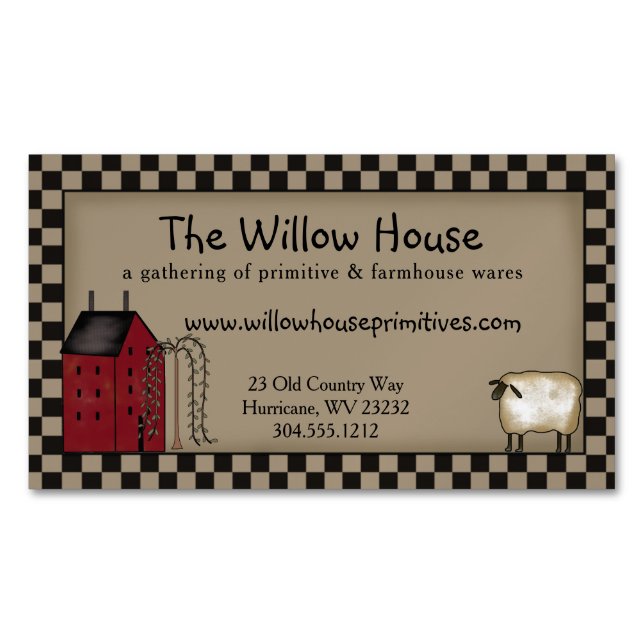 Primitive Saltbox House and Willow Tree Editable  Magnetic Business Card (Front)