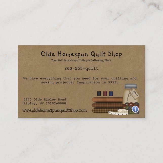 Primitive Sewing Custom Rustic Business Card (Front)