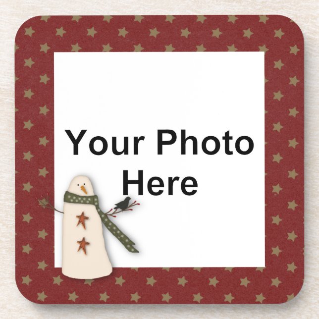 Primitive Snowman Custom Photo Cork Coaster (Front)