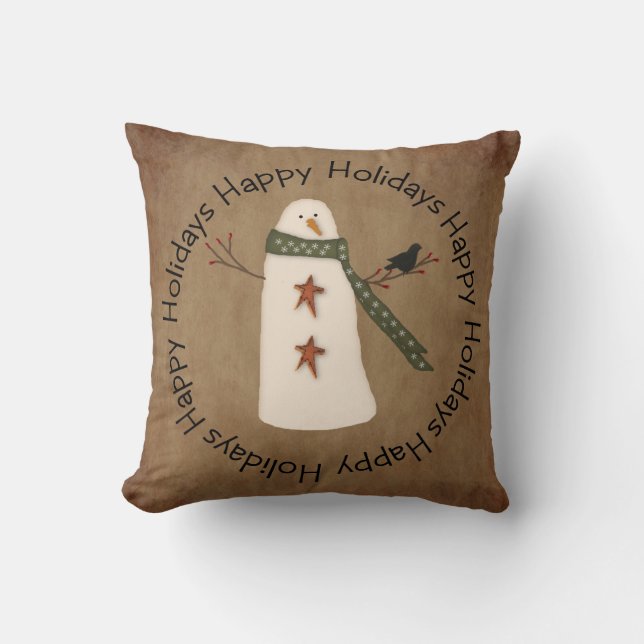 Primitive Snowman Holiday Pillow (Front)