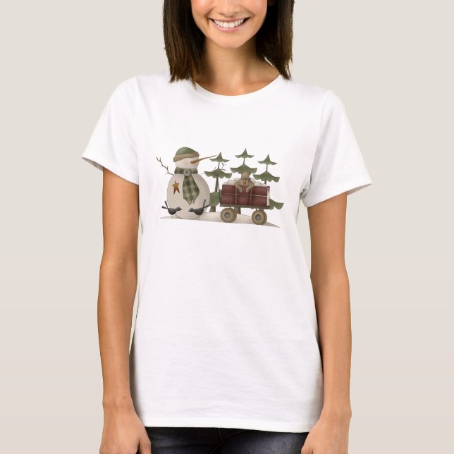 Primitive Snowman & Teddy Bear Wagon T-Shirt (Front)