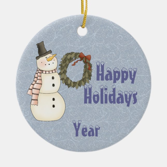 Primitive Style Snowman & House - Happy Holidays Ceramic Tree Decoration (Front)