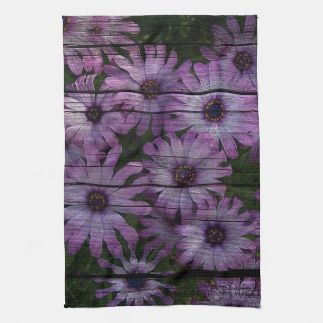 Primitive Western Country Barn plank purple daisy Tea Towel (Vertical)