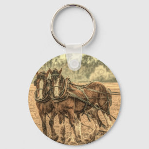 Primitive Western country farm horses Key Ring