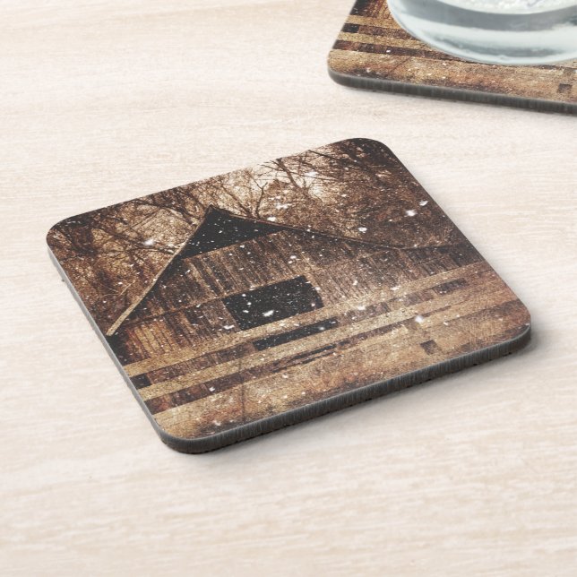 Primitive Winter Snow Country Rural Old Barn Coaster (Left Side)