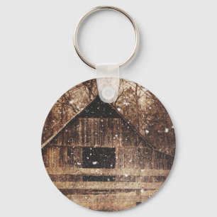 Primitive Winter Snow Country Rural Old Barn Key Ring