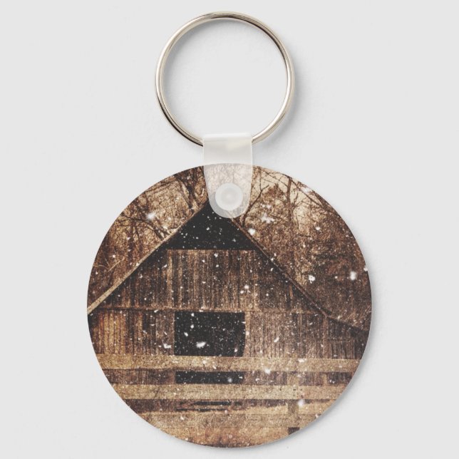 Primitive Winter Snow Country Rural Old Barn Key Ring (Front)