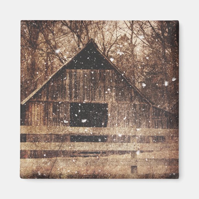 Primitive Winter Snow Country Rural Old Barn Magnet (Front)