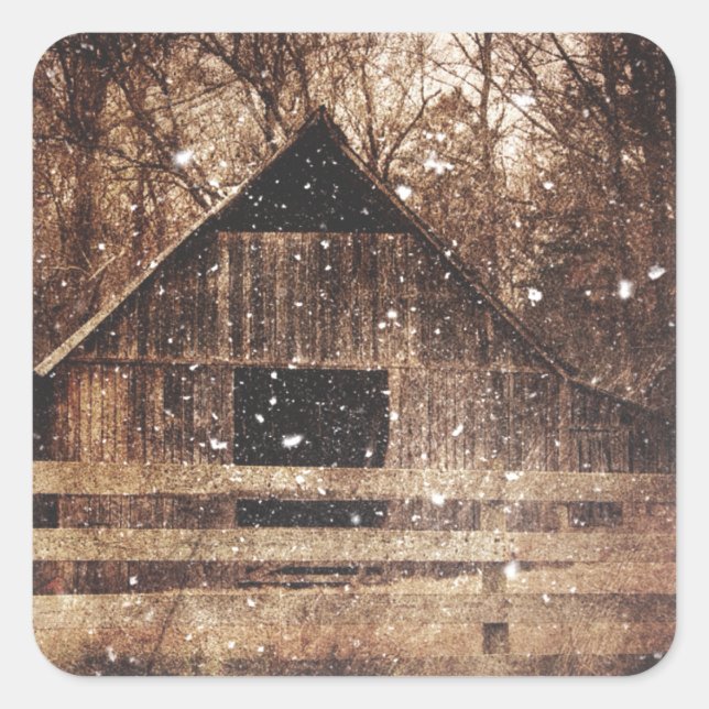 Primitive Winter Snow Country Rural Old Barn Square Sticker (Front)