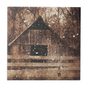 Primitive Winter Snow Country Rural Old Barn Tile