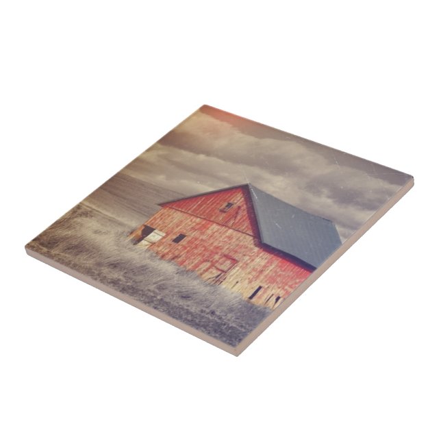 Primitive Wood Western Country farm Red Barn Tile (Side)