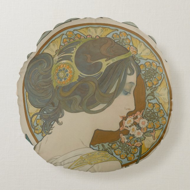 Primrose by Alphonse Mucha (1899) Round Cushion (Front)