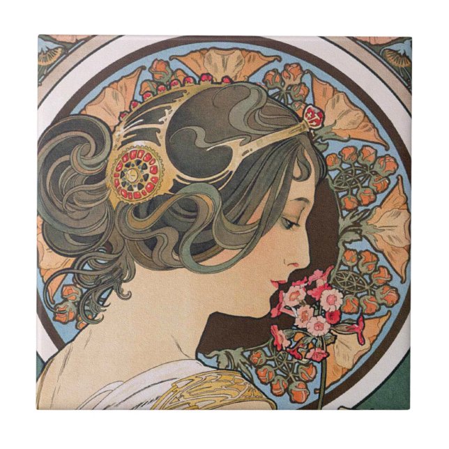 Primrose by Alphonse Mucha - Vintage Art Nouveau Tile (Front)