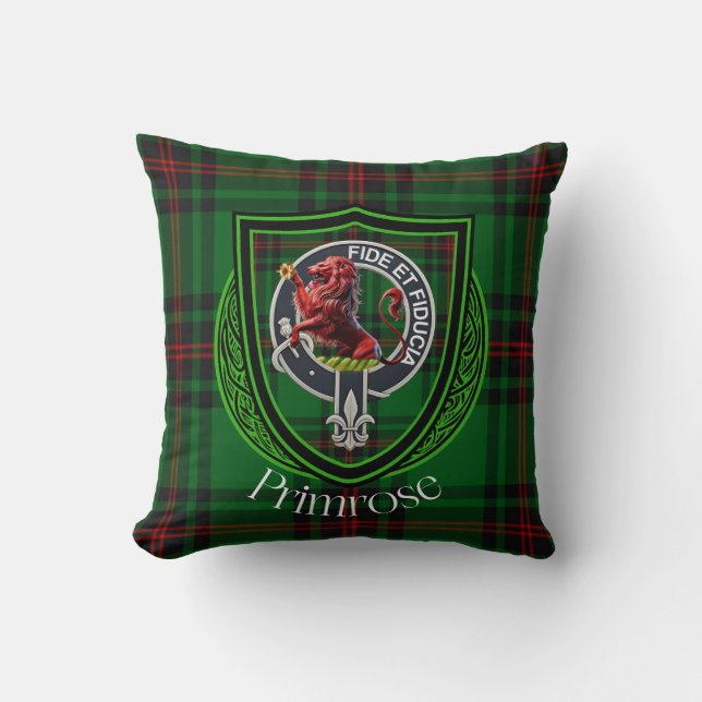 Primrose Scottish Clan Tartan & Crest Cushion (Front)