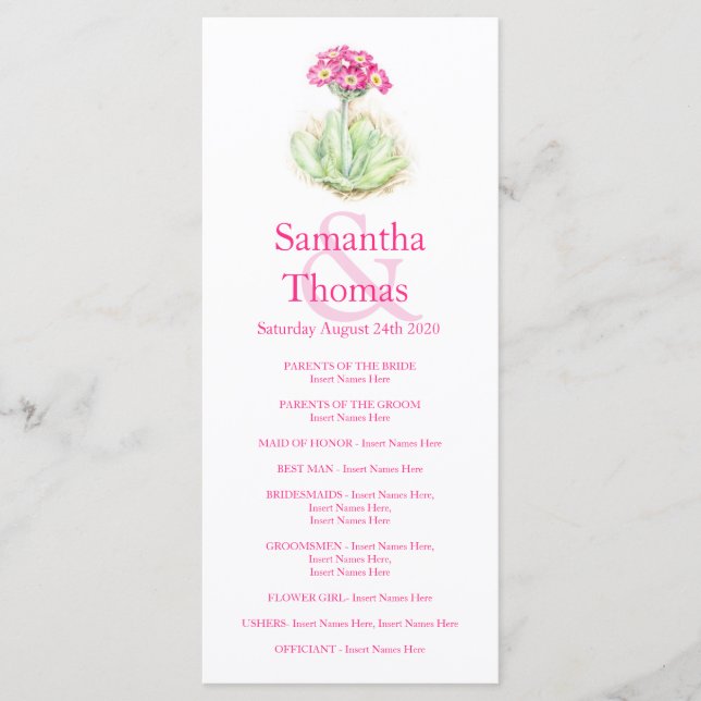 Primrose watercolor pink wedding program rack card (Front)